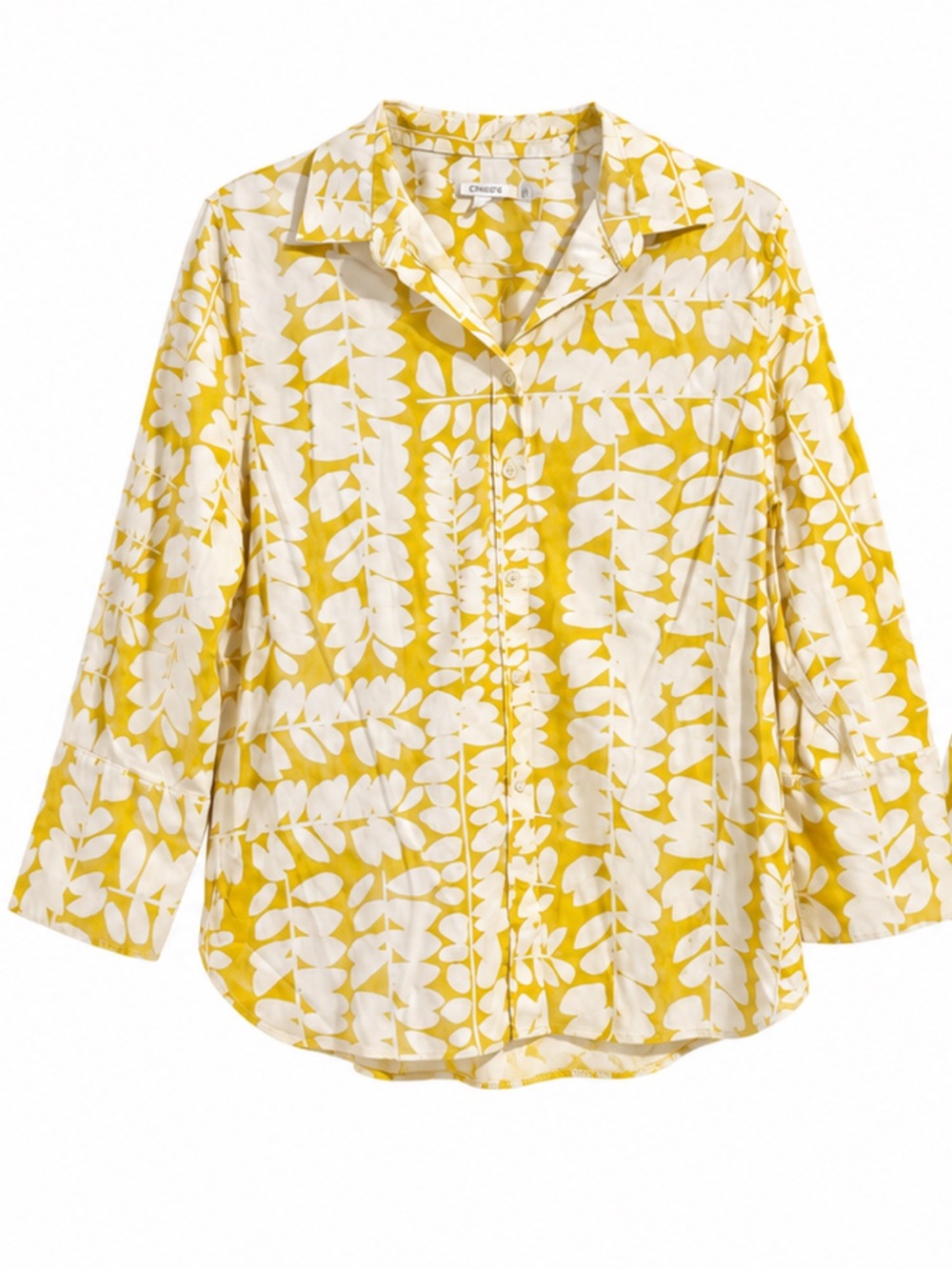 Chico's Yellow White Floral Button Up Shirt Cotton Stretch Tunic Blouse